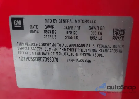 2014 Chevrolet Cruze 1Lt Auto from USA, damaged, VIN 1G1PC5SB9E7393070